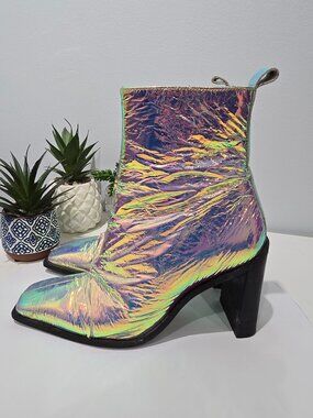 L’INTERVALLE - Iridescent Square Toe Booties, Stacked Heel